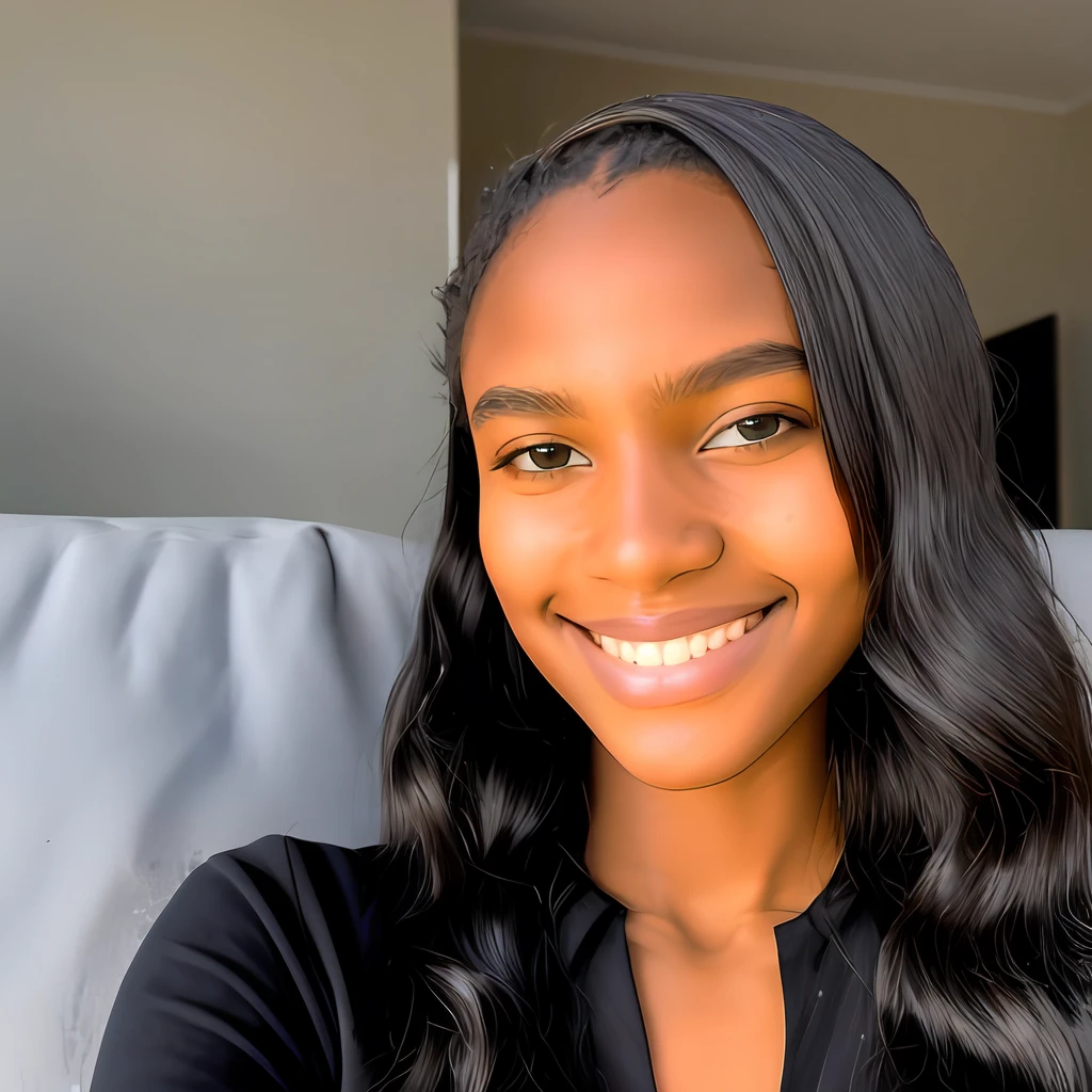 smiling woman with black hair and a gray shirt on a couch, around 1 9 years old, taken in the early 2020s, young black woman, selfie of a young woman, beautiful and smiling, light skinned african young girl, profile picture, she is about 1 6 years old, 2 3 years old, warm and gentle smile, 2 7 years old