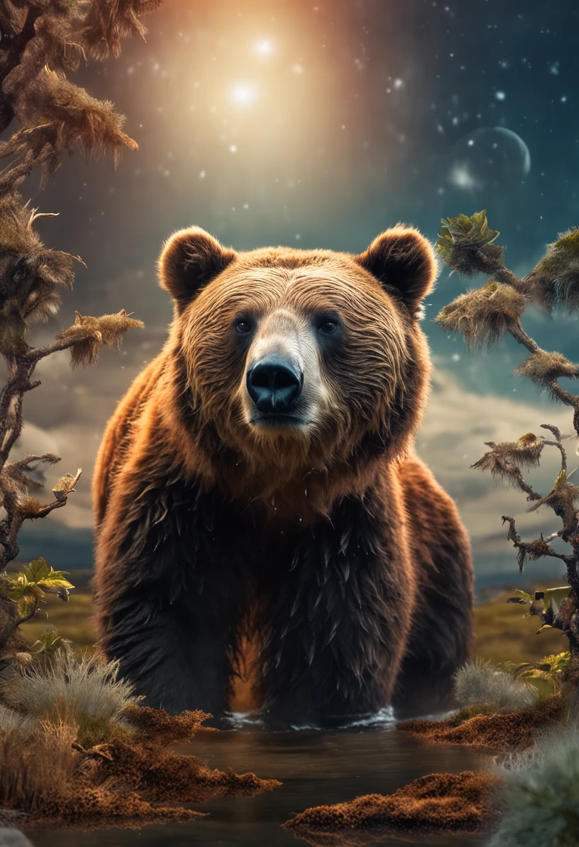 urso saindo do mar, starly sky, imagem ultra realista, rica em detalhes, fundo que lembra um vasto oceano.