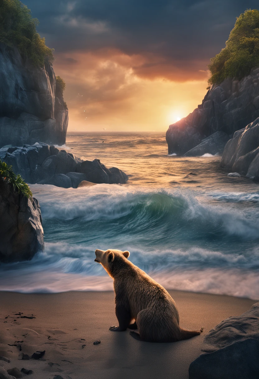 urso saindo do mar, starly sky, imagem ultra realista, rica em detalhes, fundo que lembra um vasto oceano.