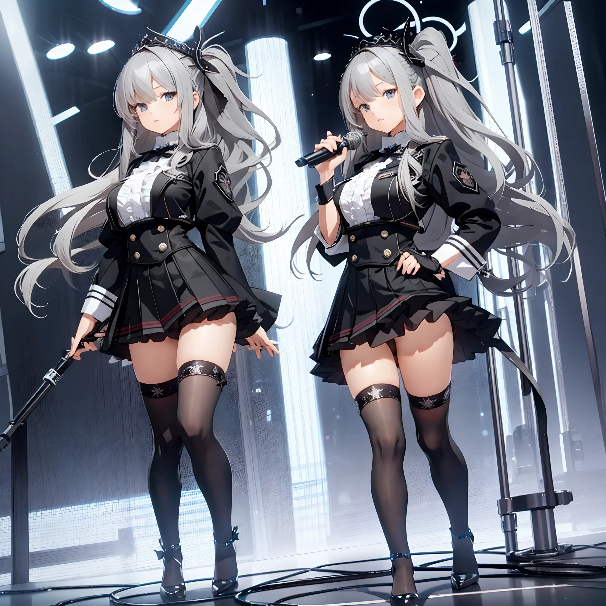 1 girl, solo, full picture, grey hair, long hair, ruffled hair, medium breasts, black uniform, mini skirt, ultra detailed black thigh_highs, snickers, idol pose