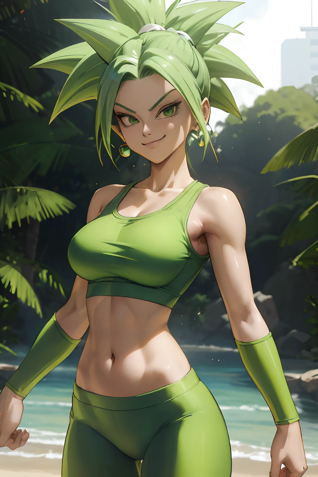 (best quality, masterpiece), green hair, green earrings, yoga pants, yoga bra, skin tight, toned, smug, smirk, kefla, thin waist, backlight,