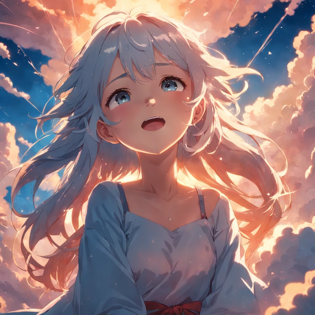 masterpiece, best quality, movie still, 1girl, cloud girl, floating in the sky, close-up, bright, happy, warm soft lighting, sunset, (sparks:0.7)