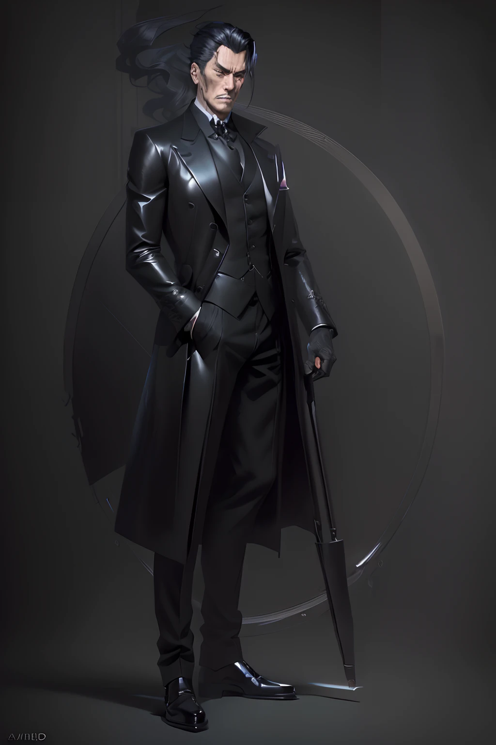 manga style, there is a man in a black suit and a long coat holding a cane, epic and classy portrait, noir film world character design, high detail iconic character, character full body portrait, ( ( character concept art ) ), 3 d render character art 8 k, full body character portrait, amazing 8k character concept art, style of marcin blaszczak