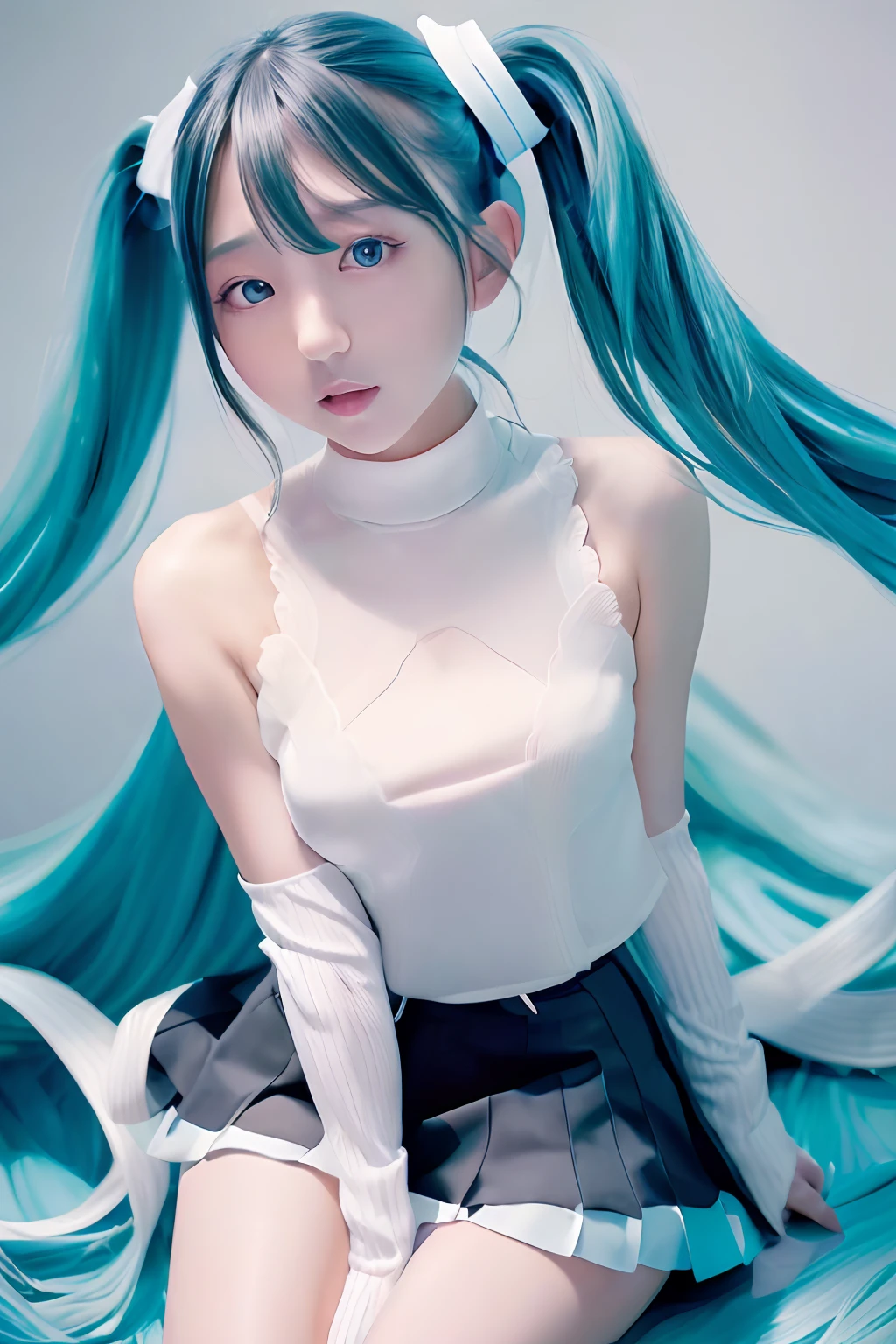 winc、Close one eye、miku hatsune、Official art, ​masterpiece, Sharp Focus, (Beautiful gorgeous cute korean woman:1.3), (Beautiful cute korean woman:1.3), Korean  beauty, Delicate Beautiful Hair and Eyes and Face, realisitic, ultra-detailliert, a beauty girl, blue-sky, Glow white particles, (side lights:1.2), rays of sunshine, white clouds, Fine clouds, A slender, Show your teeth and smile, ((one eye closed)), Scenic, Blunt bangs、sexy facial expression、buliding、(A city scape:1.7)、Dynamic Hair、Twin-tailed、Green hair、glowingblueeyes、(Green Pleated Shirt + Black skirt)、White long socks、de pele branca、hair adornments、Epic Landscapes、