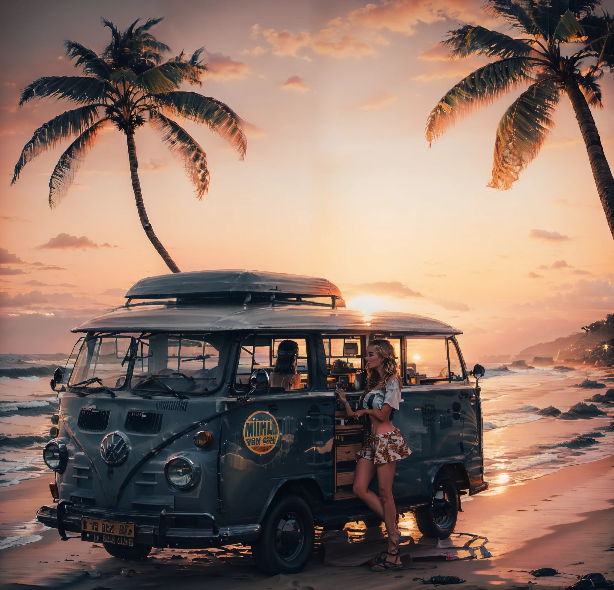 Surfers pose in VW van on the beach at sunset, Carrinha, microbus, bottom angle, on the beach during sunset, in the sunset, viagem, in the sunset, at the beach on a sunset, summer season, on the beach at sunset, with sunset, Directed by: Matias Weischer, fotografia de surf, brilho quente, vacation photo, on the beach at sunset