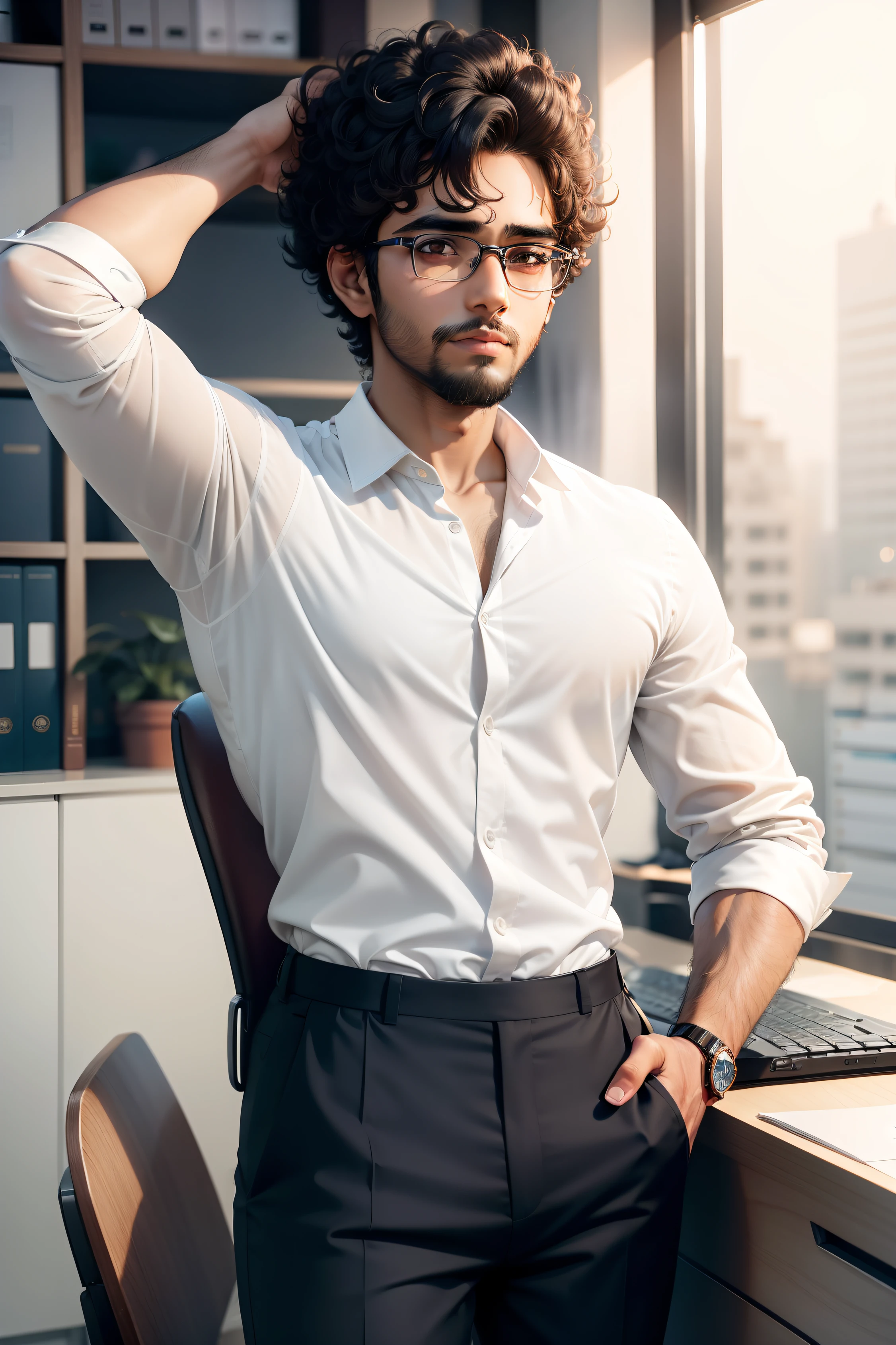 a Indian boy with anime look wearing specs age 25 with curly hairs and beard and white formal shirt and black pants in office