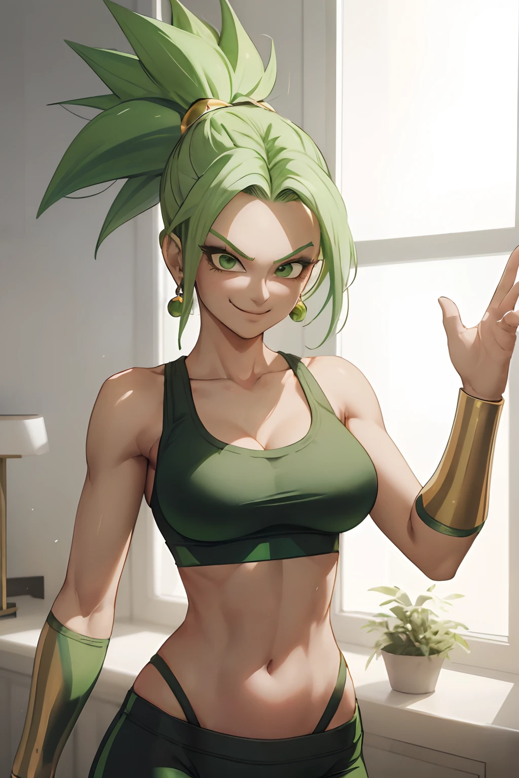 (best quality, masterpiece), green hair, green earrings, yoga pants, yoga bra, skin tight, toned, smug, smirk, kefla, thin waist, backlight,