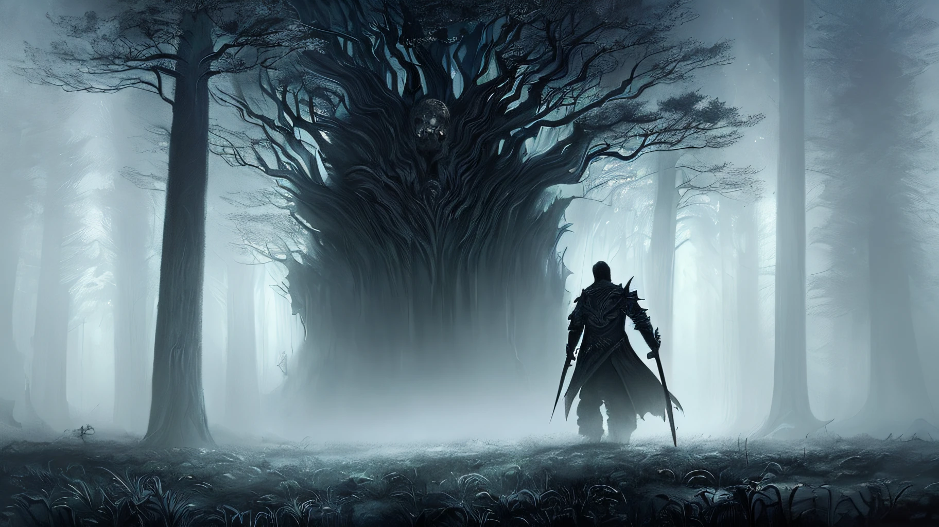 a man walking through a dark forest with a skull in the background, epic fantasy sci fi illustration, cinematic fantasy painting, an ominous fantasy illustration, 4k highly detailed digital art, grimdark matte fantasy painting, oil paint concept art, epic fantasy digital art style, fantasy concept painting, epic fantasy illustration, awesome greate composition, low detailed. digital painting