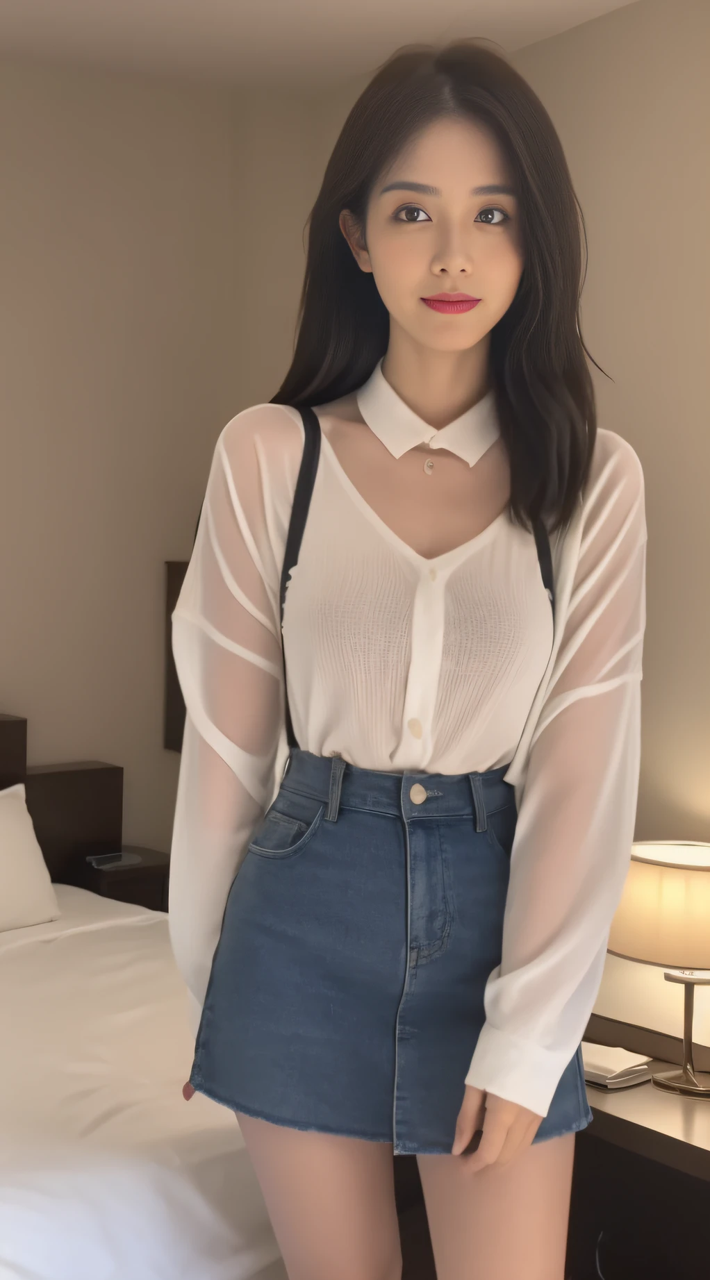 ((Realistic lighting, best qualtiy, 8K, tmasterpiece:1.3)), sharp fokus:1.2, 1girll, Beautiful Women with Perfect Figure:1.4, Slim abs:1.1, (cabelos preto e longos), (White suspenders:1.4)(Clothes are soaked),(Superskirt)(inside in room,Half lying on bed 1.1),Ultra-fine face,Fine eyes,二重まぶた,