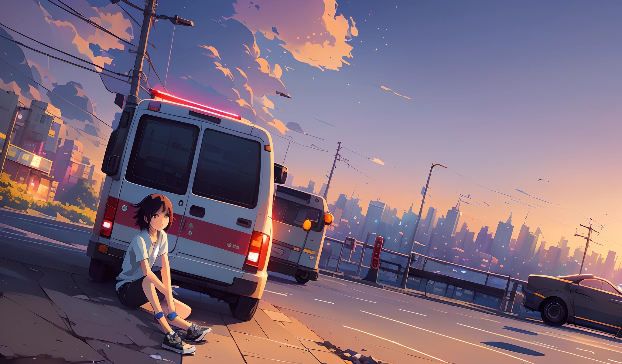 there is a young girl sitting on  the street, makoto shinkai cyril rolando, rob rey and kentaro miura style, inspired by Liam Wong, atey ghailan 8 k, by Jason Chan, cyril rolando and goro fujita, ross tran. scenic background, by Ryan Yee, inspired by Atey Ghailan