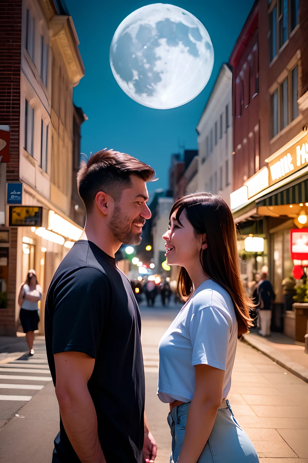 man (smirk:1.2) and (1woman) facing each other, t-shirt, dress, erotic tension, downtown street americana, moon (night:1.2), (cinematic composition, distant, low angle), highly detailed, masterpiece, high quality, intricate, professional, highest quality, polished