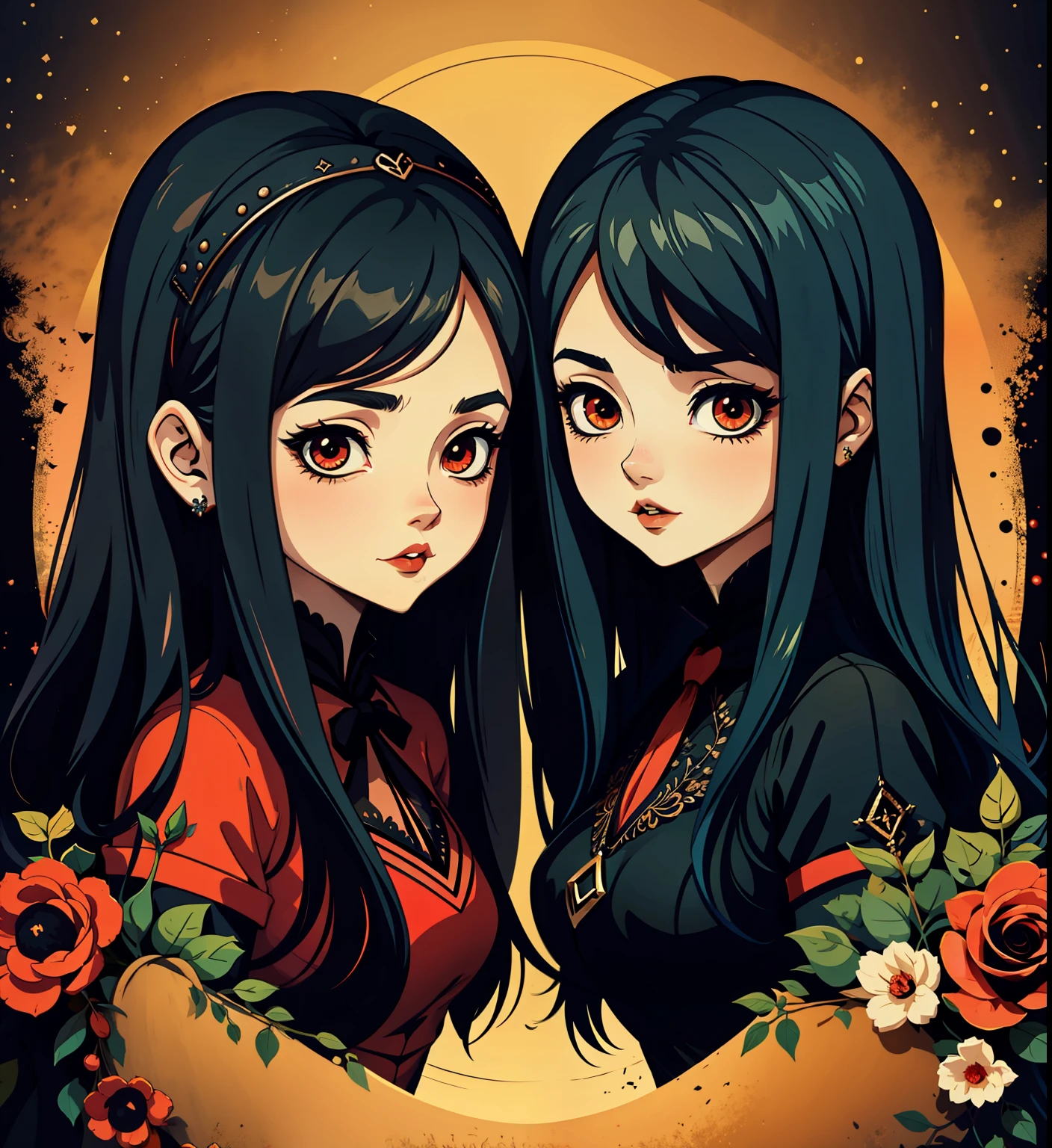 adesivo, fundo simples, portrait, 2 girls, couple, girl with long hair, beautiful gothic girl, gothic aesthetic, beautiful girl, very beautiful fantasy art, beautiful and elegant female gothic, beautiful detailed fantasy, black and red color palate, black color-theme