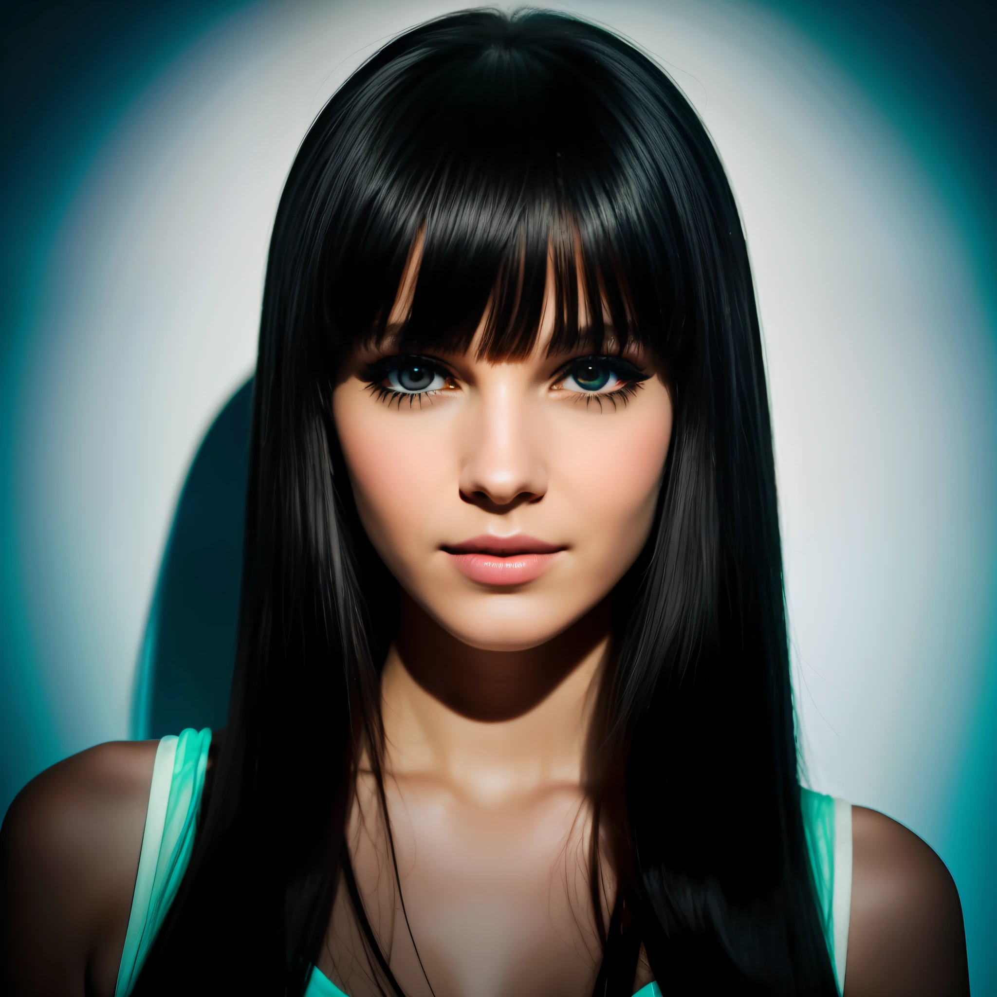Melanie Martiniz,Black bangs,Pale color background,A little bit of neon light and shadow,realistic portrait photo,ssmile