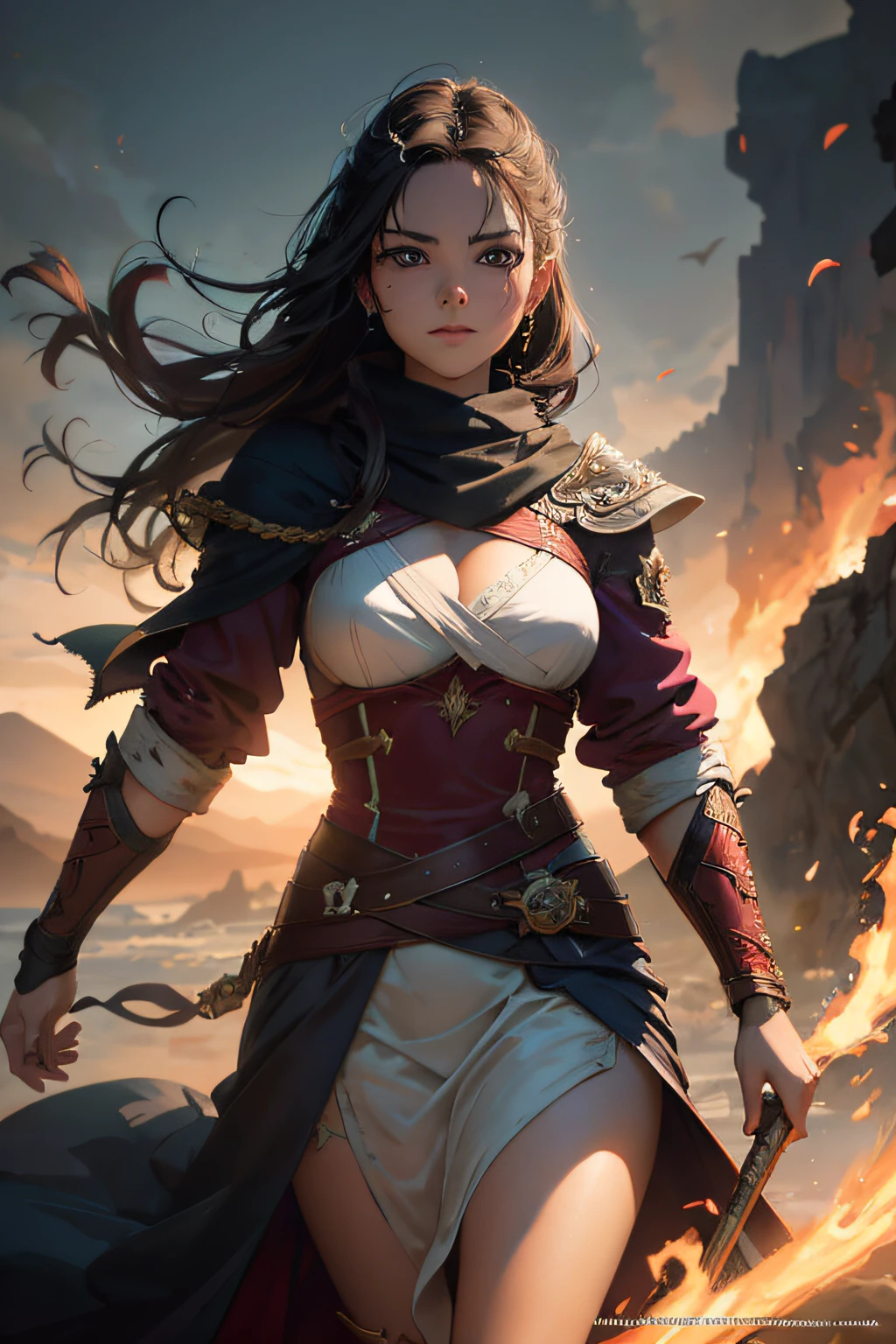 arafed beautiful woman in a dress and cape holding a sword in front of a fire, alena aenami and artgerm, graphic artist magali villeneuve, artgerm julie bell beeple, wojtek fus, artgerm and atey ghailan, aly fell and artgerm, epic exquisite character art, stunning character art