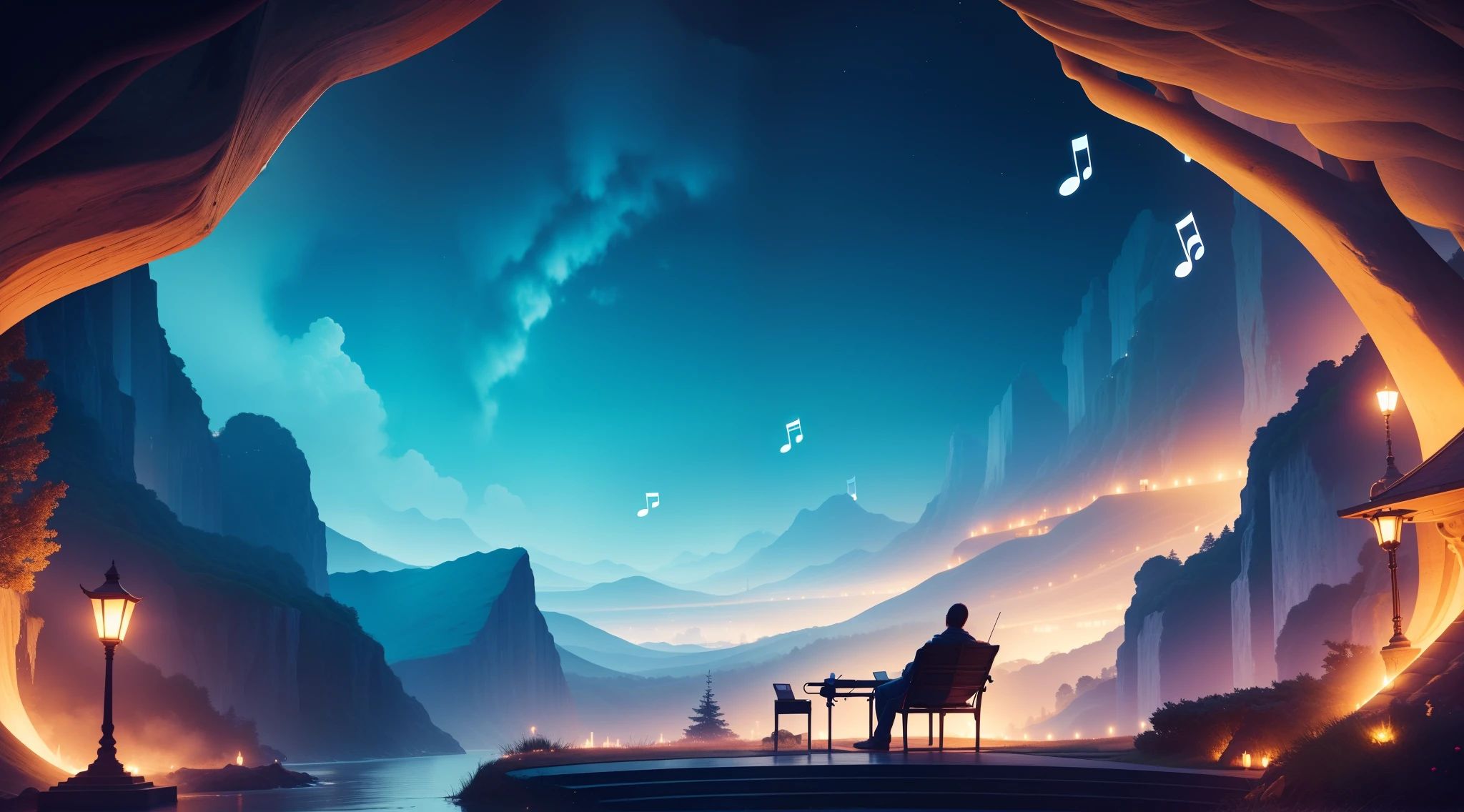 A person sleeping, in a beautiful spectacular amazing place, musical notes C, D, E, F, G, A, B floating, personalized musical notes.