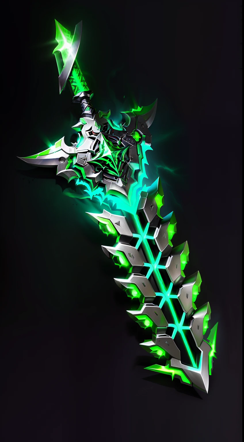 There is a green light that is on a green and black object, glowing green soul blade, Espada Brilhante, equipe draconiana brilhante, Espada de corrente no outro, massive shiny neon axe, brandindo espada de corrente, glowing sword in hand, sci-fi Espada, espada enorme, espada irregular, Legendary sword of technology, style of ghost blade, equipe draconiana