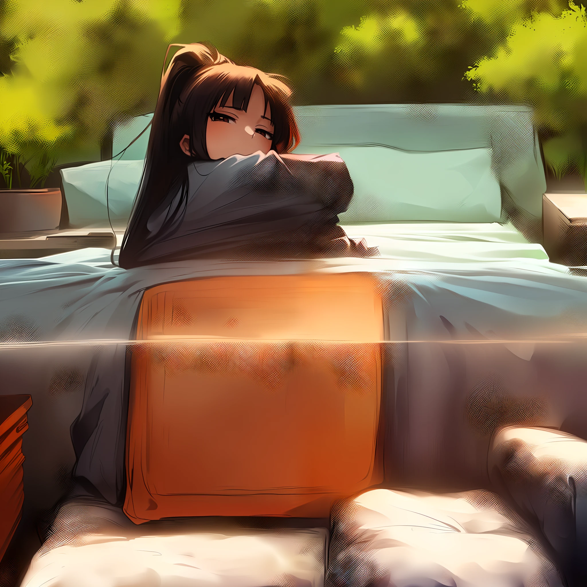 An anime girl sitting on bed