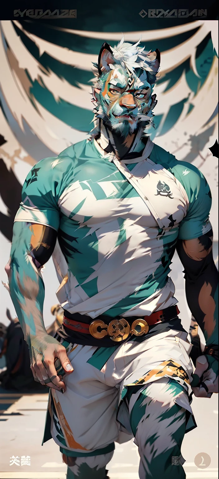 Tiger orcs with cyan stripes on white hair,Strong,virile,Wearing ancient Chinese clothing,Practice martial arts all year round。Full of masculine。With a tiger's head and furry body。