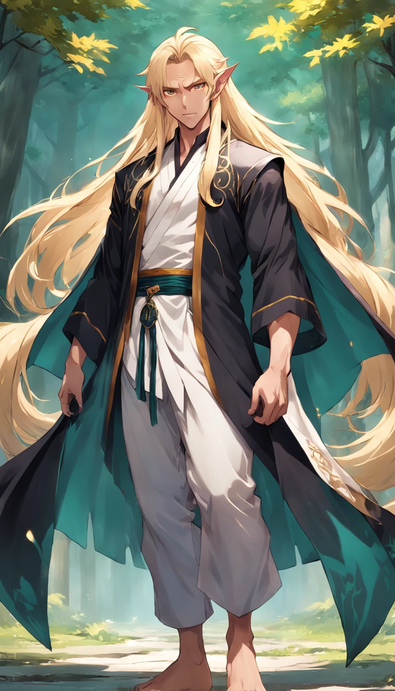 long hair, dark skin, golden eyes, hair over one eye, mature male, male, elf ears, thick thighs, druid, fantasy, blonde hair, cloak, chinese clothes, young
