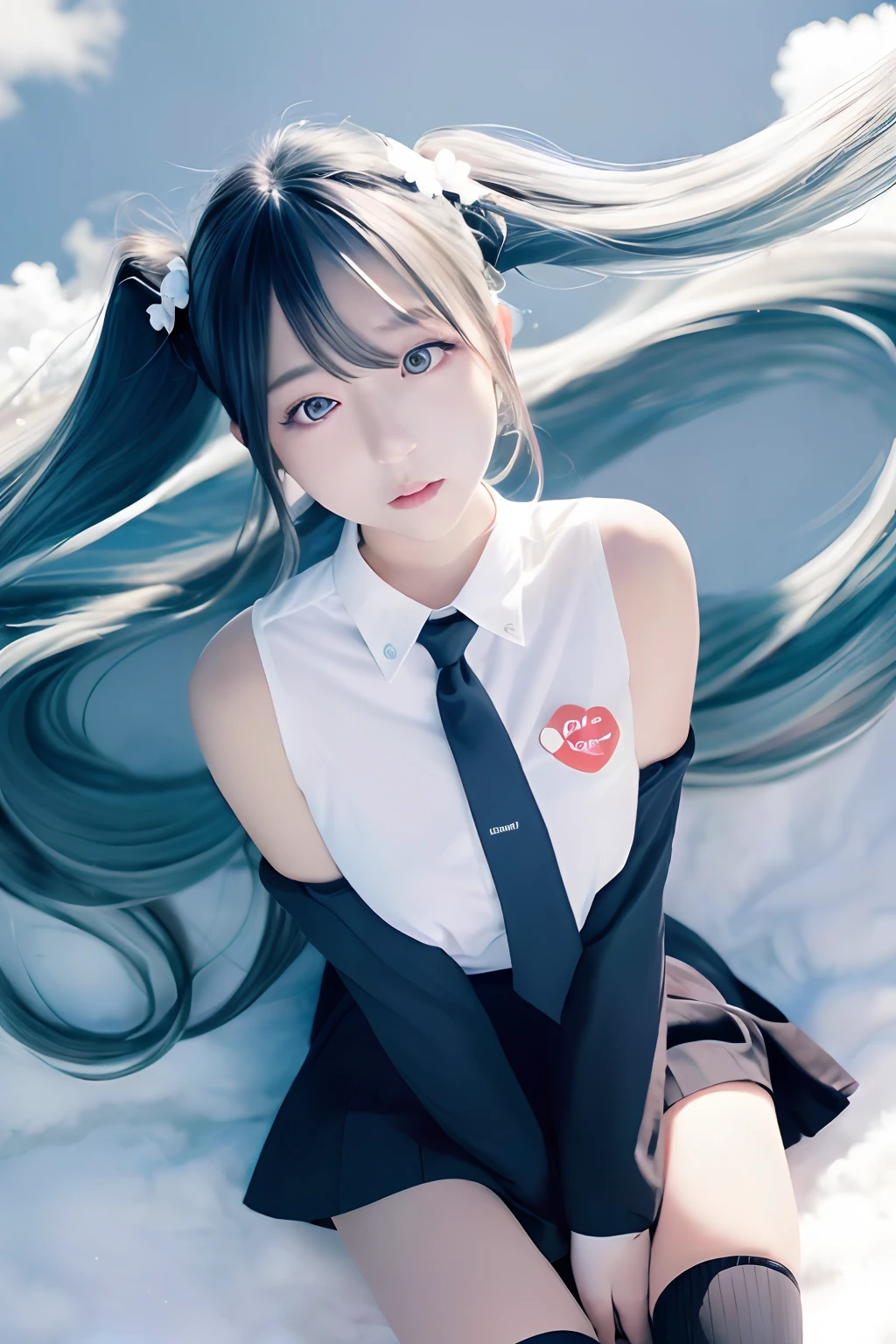 Huza、Seiza、Hands in the crotch、miku hatsune、Official art, ​masterpiece, Sharp Focus, (Beautiful gorgeous cute korean woman:1.3), (Beautiful cute korean woman:1.3), Korean  beauty, Delicate Beautiful Hair and Eyes and Face, realisitic, ultra-detailliert, a beauty girl, blue-sky, Glow white particles, (side lights:1.2), rays of sunshine, white clouds, Fine clouds, A slender, 1girl in, Dynamic Angle,Full body,   100-layers,masutepiece,supreme,best,amazinig,great,detail,Stylish,Illustration,action SHOT, aiming at viewer, hands on pockets, School uniform, Blunt bangs, Hairpin, Shy,superfine illustration,(((beautiful fine hair))),(((Beautiful Fine Face))),(((Beautiful fine background))),