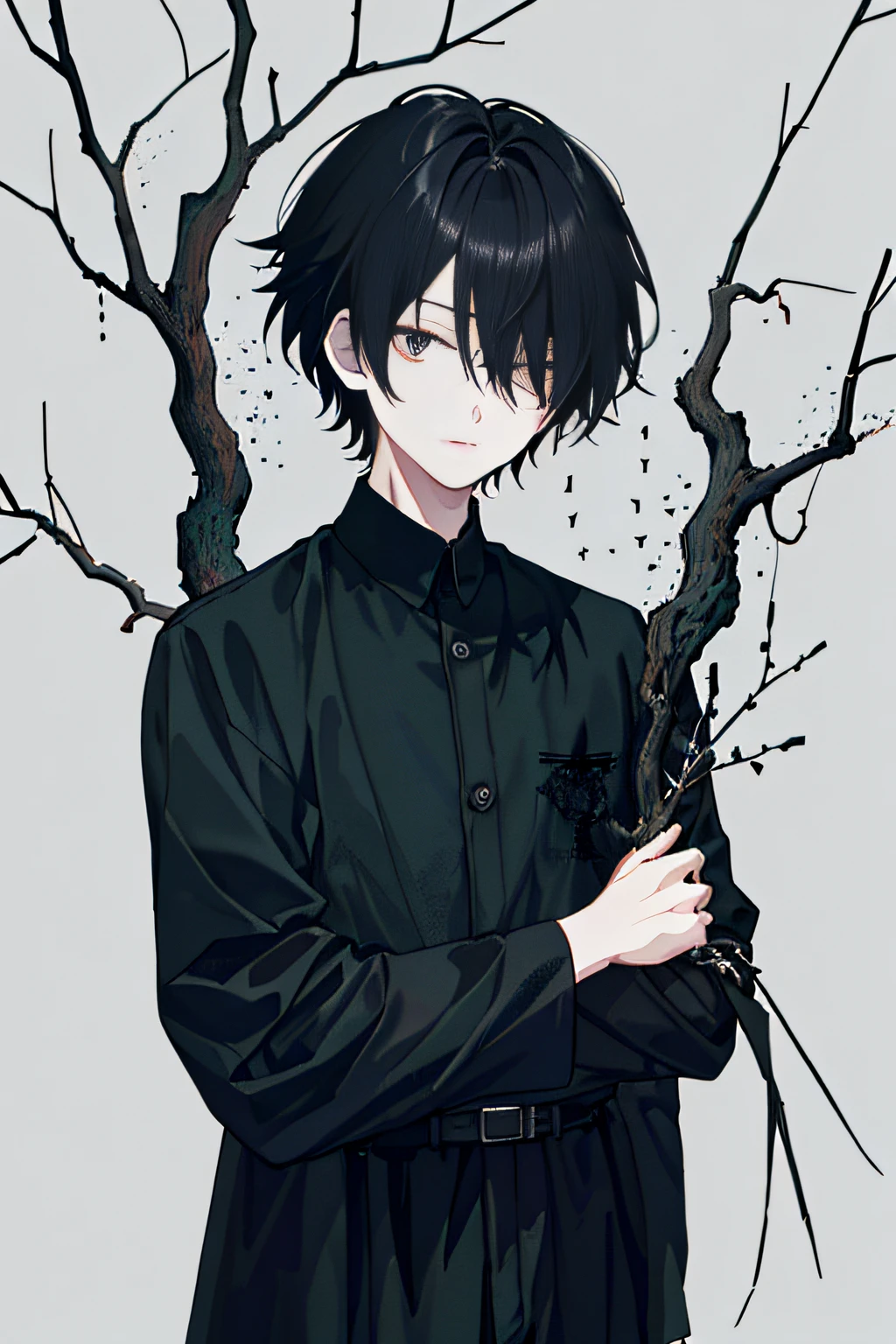 (Dark melancholy painting style+forest backgrou)、(There are crows on the branches)、(Male characters:Around )、(黑The eye)、(Black hair+covering eyes)、(Depression in the eyes)、(short detailed hair)、(The upper part of the body)
