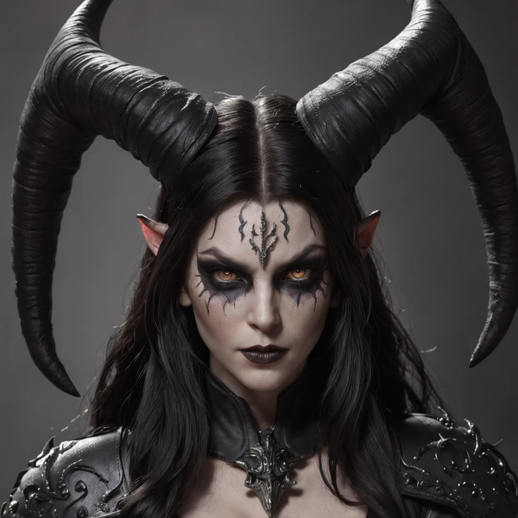 a dark female tiefling, evil eyes, wearing leather black armor, dark silver, pale dark skin, bright eyes, intricate horns, black hair flowing, long hair, athletic, muscular, hot, malicious eyes, epic angle, dark background, medieval fantasy, art by Alan Lee