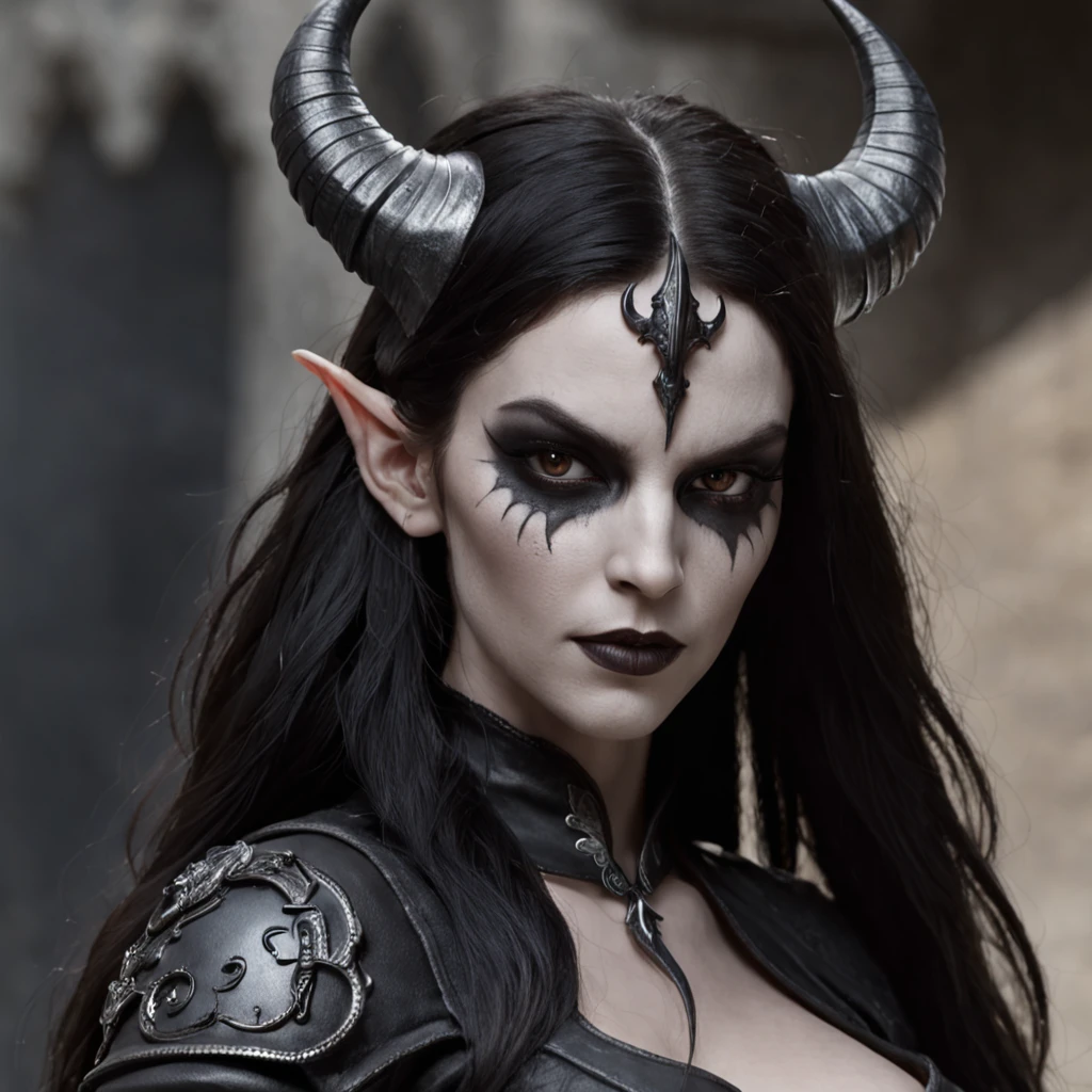 a dark female tiefling, evil eyes, wearing leather black armor, dark silver, pale dark skin, bright eyes, intricate horns, black hair flowing, long hair, athletic, muscular, hot, malicious eyes, epic angle, dark background, medieval fantasy, art by Alan Lee