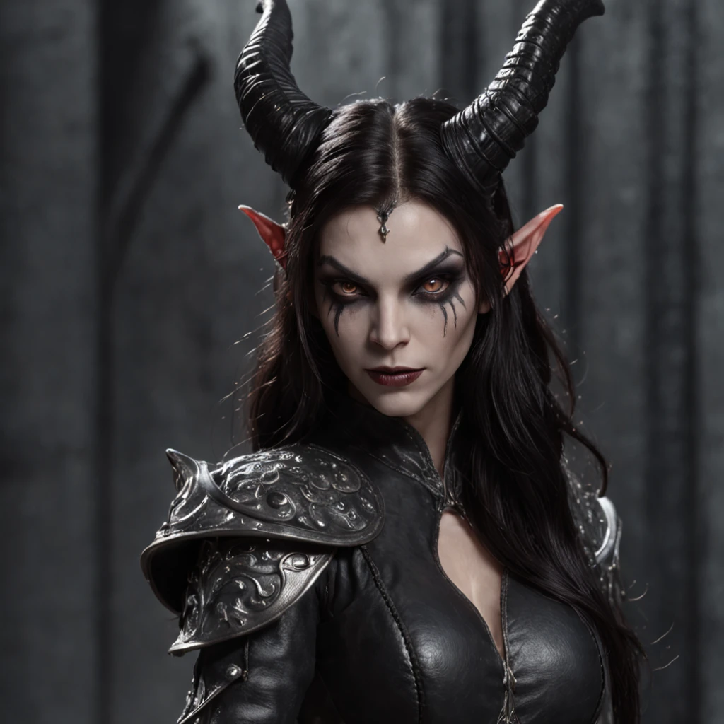 a dark female tiefling, evil eyes, wearing leather black armor, dark silver, pale dark skin, bright eyes, intricate horns, black hair flowing, long hair, athletic, muscular, hot, malicious eyes, epic angle, dark background, medieval fantasy, art by Alan Lee