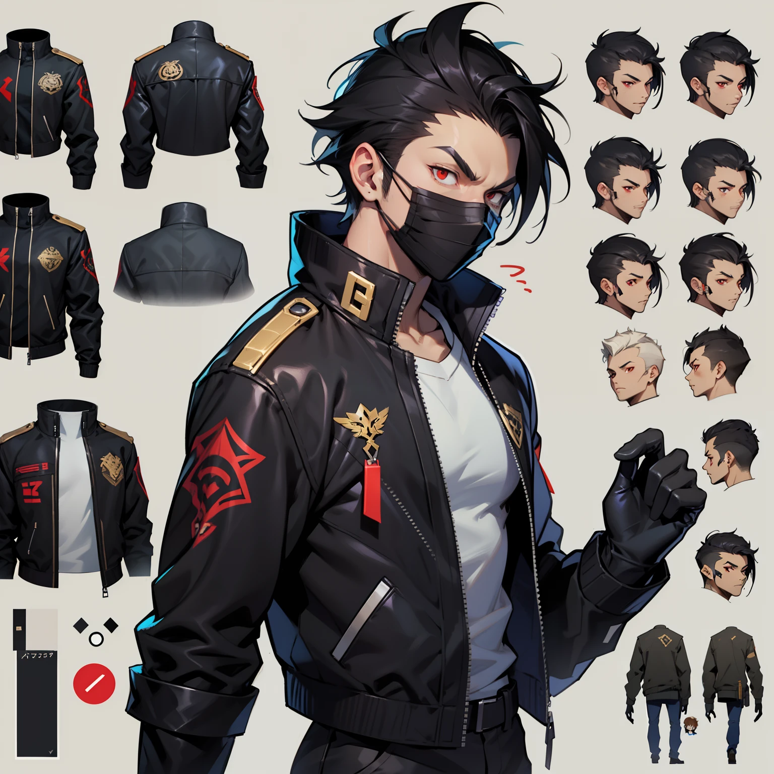 A man with a black jacket over a white shirt, black ClothMask , pushed back black hair , ((character concept art)), ((character design sheet, same character, front, side, back)) maple story character art, video game character design, video game character design, expert high detail concept art, metal bullet concept art, funny character design, Black pants ,BLACK MASK IN HIS MOUTH , BLACK JACKET OVER A WHITE SHIRT , PUSHED BACK HAIRCUT , black gloves , red eyes , Anime male style , BLACK MASK IN HIS MOUTH , BLACK JACKET OVER A WHITE T-SHIRT , PUSHED BACK HAIRCUT, RED EYES , black gloves