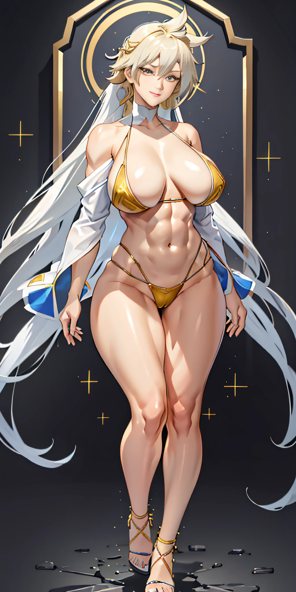 1girl full body standing, nice ass, Hairstyle with a braid, white colored hair, Yellow eyes, perfect lighting, muscular, thights, Mature woman, mummy, bellybutton, Abs, looks at the viewer (tmasterpiece, hiquality: 1.1) ssmile, Extremely huge breasts, Maternal, porcelain skin, extra very long hair, sparkly skin, good face, chest cover