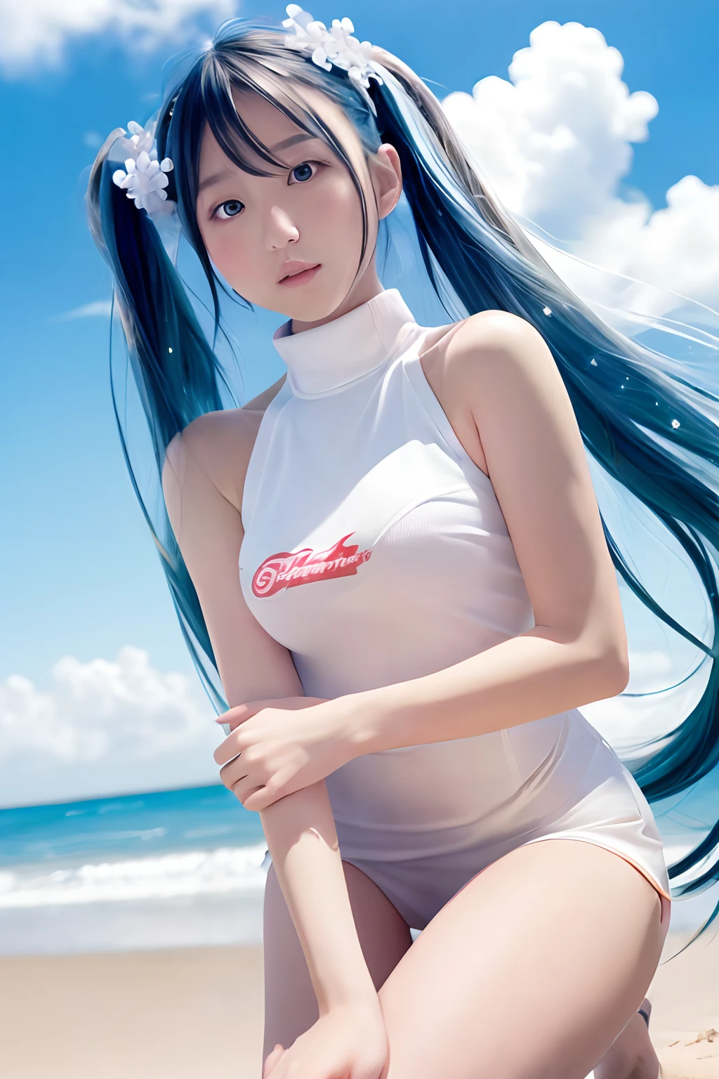 beach、Clear blue sky、Huza、Seiza、Hands in the crotch、miku hatsune、Official art, ​masterpiece, Sharp Focus, (Beautiful gorgeous cute korean woman:1.3), (Beautiful cute korean woman:1.3), Korean  beauty, Delicate Beautiful Hair and Eyes and Face, realisitic, ultra-detailliert, a beauty girl, blue-sky, Glow white particles, (side lights:1.2), rays of sunshine, white clouds, Fine clouds, A slender, 1girl in, Dynamic Angle,Full body,   100-layers,masutepiece,supreme,best,amazinig,great,detail,Stylish,Illustration,action SHOT, aiming at viewer, hands on pockets, School uniform, Blunt bangs, Hairpin, Shy,superfine illustration,(((beautiful fine hair))),(((Beautiful Fine Face))),(((Beautiful fine background))),