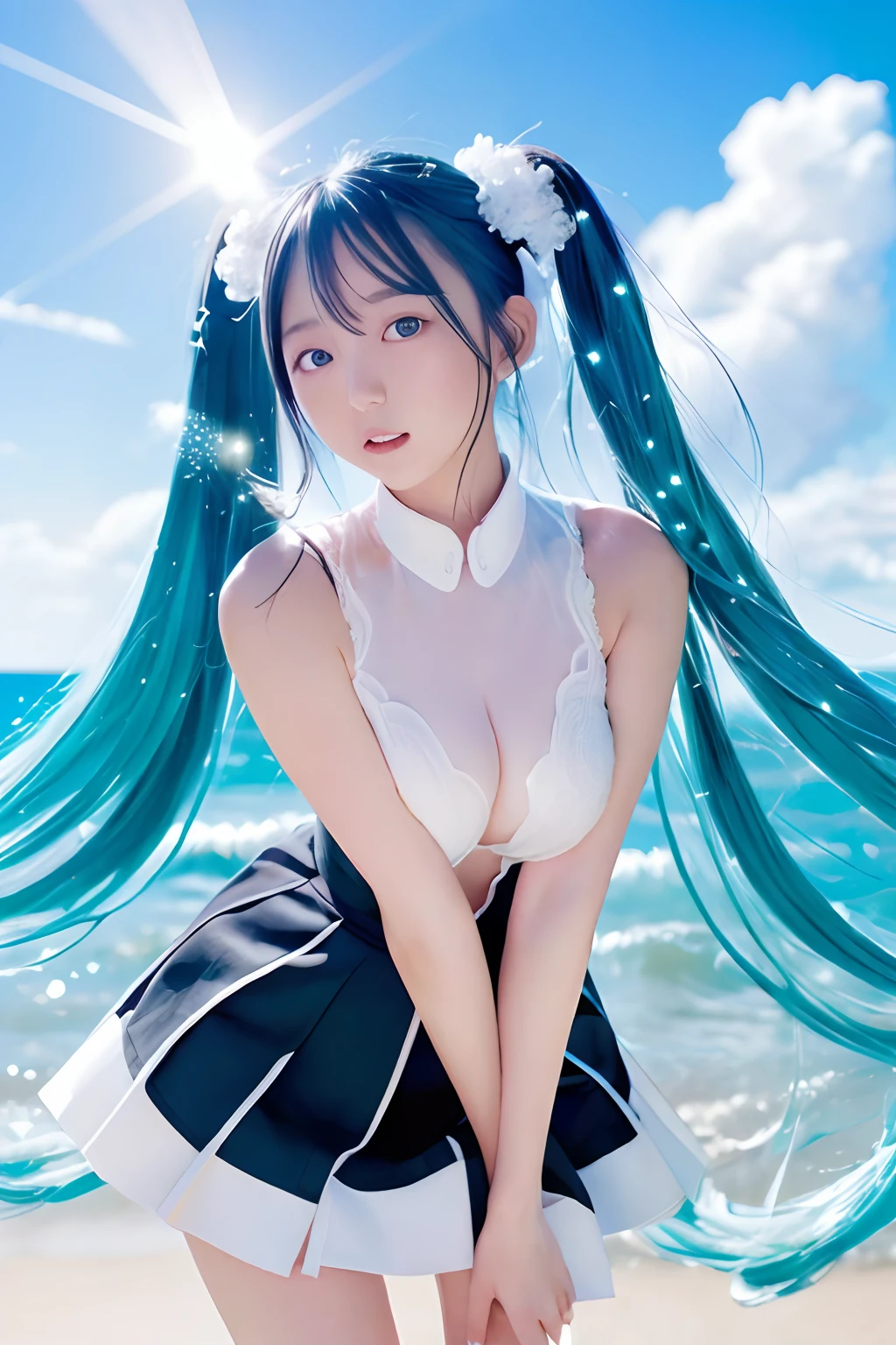 beach、Clear blue sky、Huza、Seiza、Hands in the crotch、miku hatsune、Official art, masterpiece, Sharp Focus, (Beautiful gorgeous cute korean woman:1.3), (Beautiful cute korean woman:1.3), Korean beauty, Delicate Beautiful Hair and Eyes and Face, realisitic, ultra-detailliert, a beauty girl, blue-sky, Glow white particles, (side lights:1.2), rays of sunshine, white clouds, Fine clouds, A slender, 1girl in, Dynamic Angle,Full body, 100-layers,masutepiece,supreme,best,amazinig,great,detail,Stylish,Illustration,action SHOT, aiming at viewer, hands on pockets, School uniform, Blunt bangs, Hairpin, Shy,superfine illustration,(((beautiful fine hair))),(((Beautiful Fine Face))),(((Beautiful fine background))),