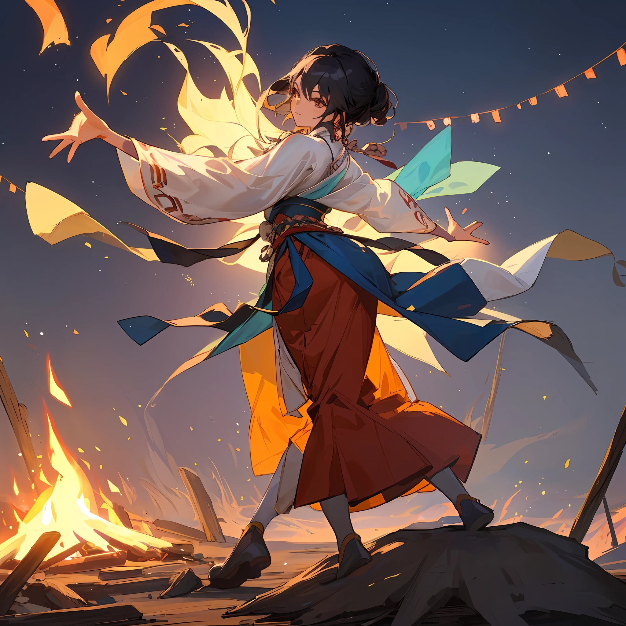A woman in Tibetan dress。Dancing around the campfire。The body proportions are perfect。Hot personality。