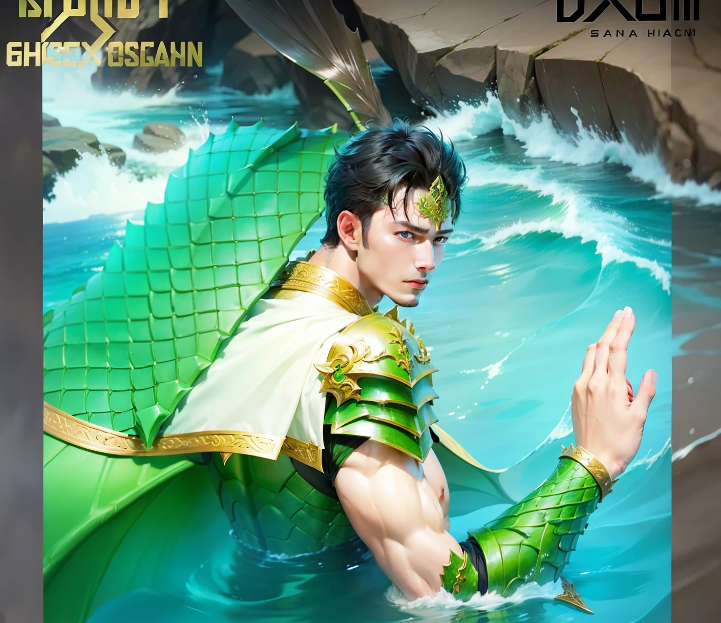 Hello AI! I would like you to create an original character with the following characteristics: a 21-year-old man, con una altura de 183 cm y un peso de 70 kg. I would love it to have both human and newt characteristics., Magic Mermaid. It would be great if you could make his hands scaly, al igual que su cola. Furthermore, I would like you to have spots on your body that are beautiful and add a special touch to your appearance. Por favor, Use your creativity to create an original character with these characteristics. Thanks for your help!!