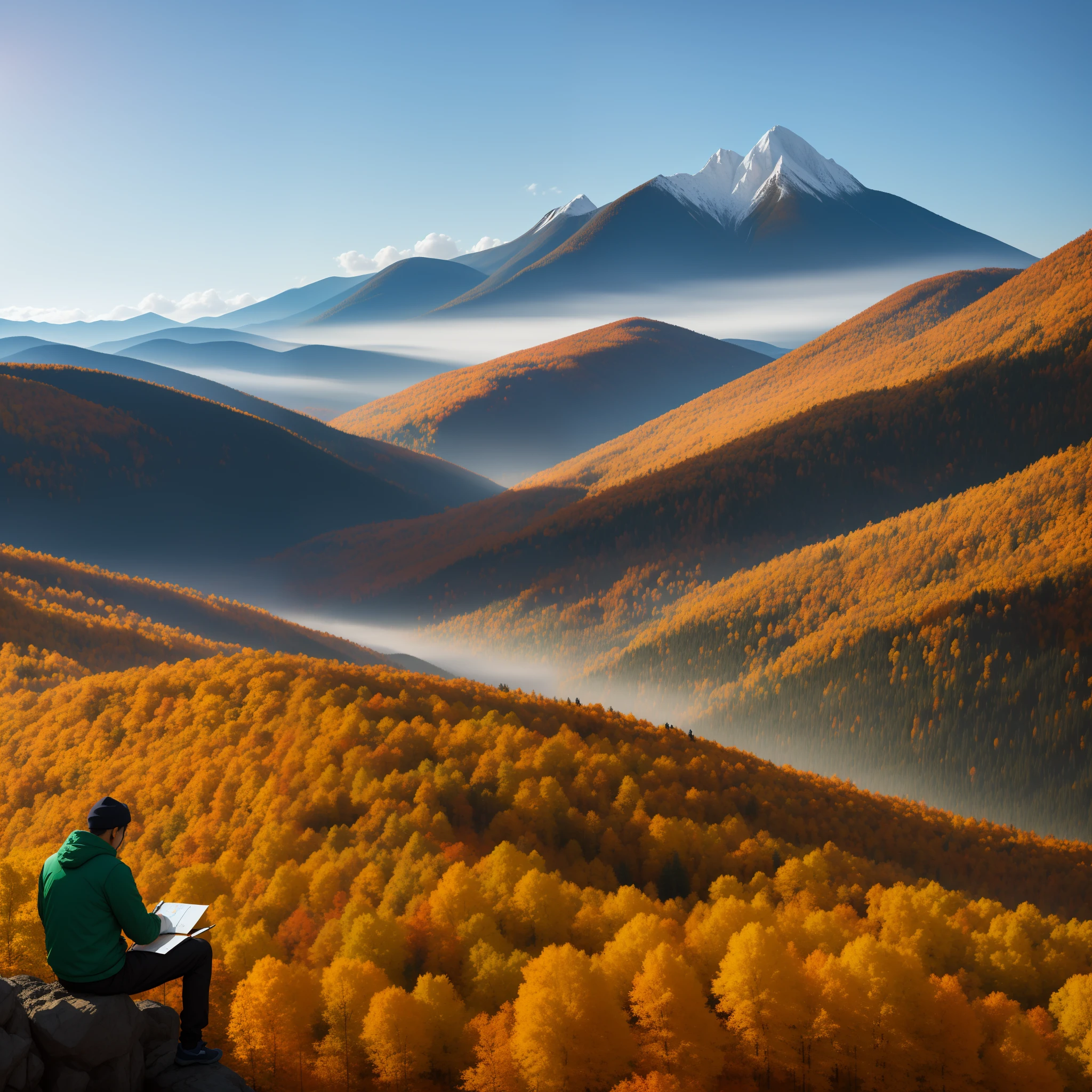 A tall young father，Sitting alone on the slopes of the autumn hill。He held a sketchbook and a pen，He had been painting the scene in front of him for an hour - the Taiga Mountains，amarelo、Red and green，Rolling mountains，It looks hazy under the veil of sunlight。