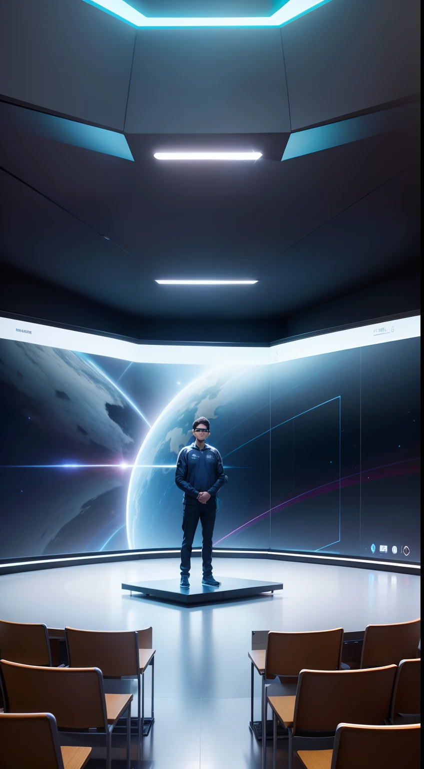 uma sala de aula do futuro, na qual existem muitas tecnologias novas como computadores de hologramas, realidade virtual, hologramas e robos