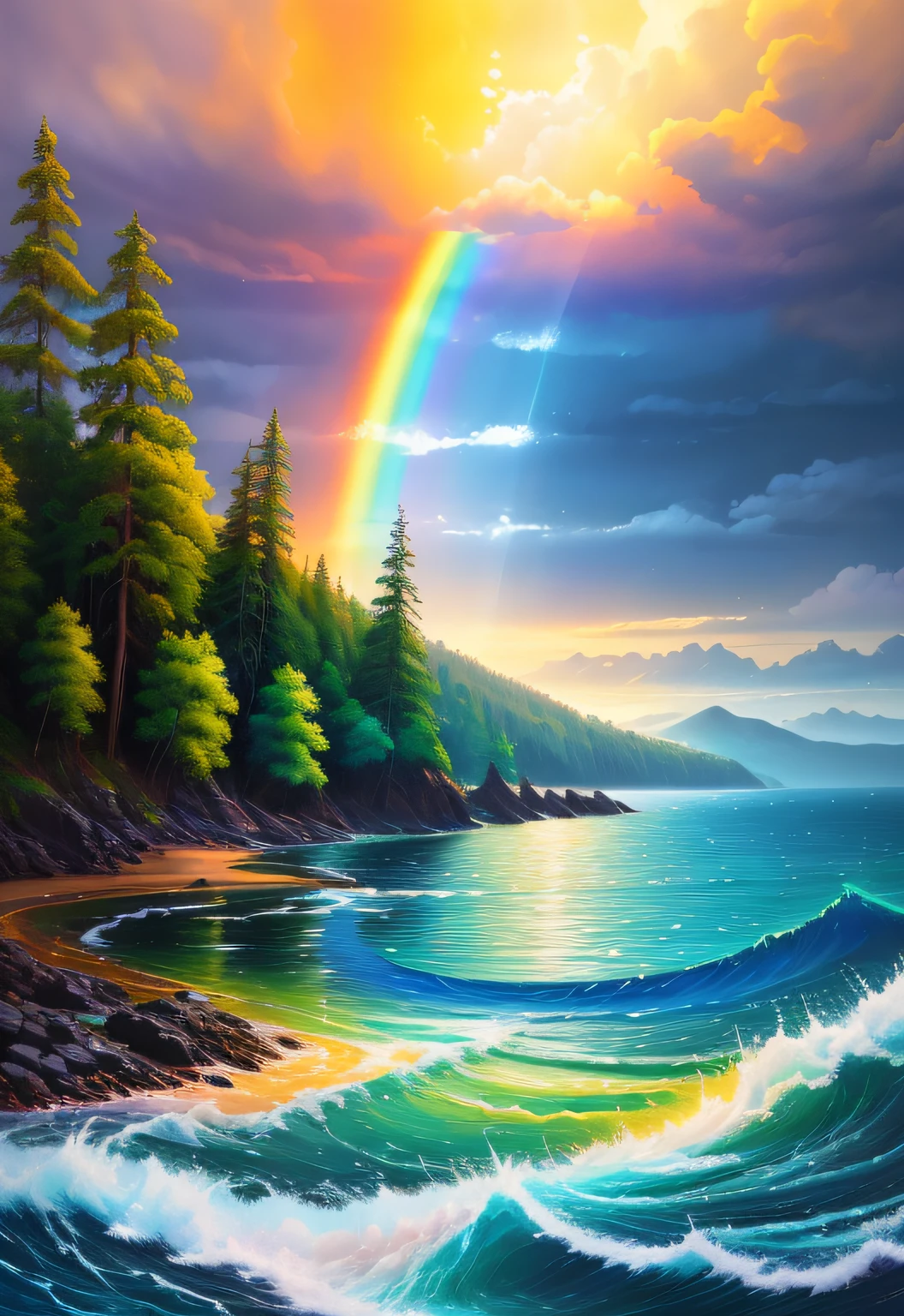 Landscape, water, with rainbow (extremamente detalhado CG unidade 8k papel de parede), a obra de arte mais bonita do mundo, professional majestic oil painting, intrincado, High detail, foco nítido, dramatic and photorealistic painting art