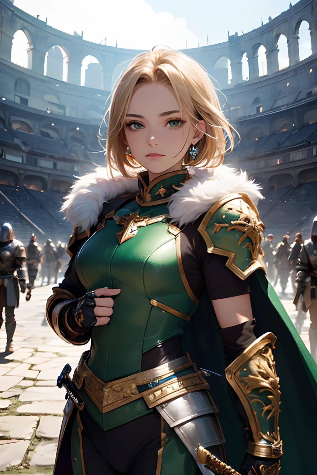 best quality, masterpiece, highres, extremely detailed woman, solo, (draw one's sword against another:1.4), sharp focus, colosseum, cinematic lighting, Royal Knight, masterpiece illustration, intricately detailed, adeptus astartes, blonde short hair, slicked back, fore head, wrinkles, pale skin, thick eyebrow, green eyes, detailed eyes, beard, detailed face, fur collar, elegant dark green power armor, star shaped ring behind head, lion logo on chest plate armor, lion shaped shoulder armor, cross insignia pauldron, robe, cape, beautiful and intricately detailed dark green power armor, madeon