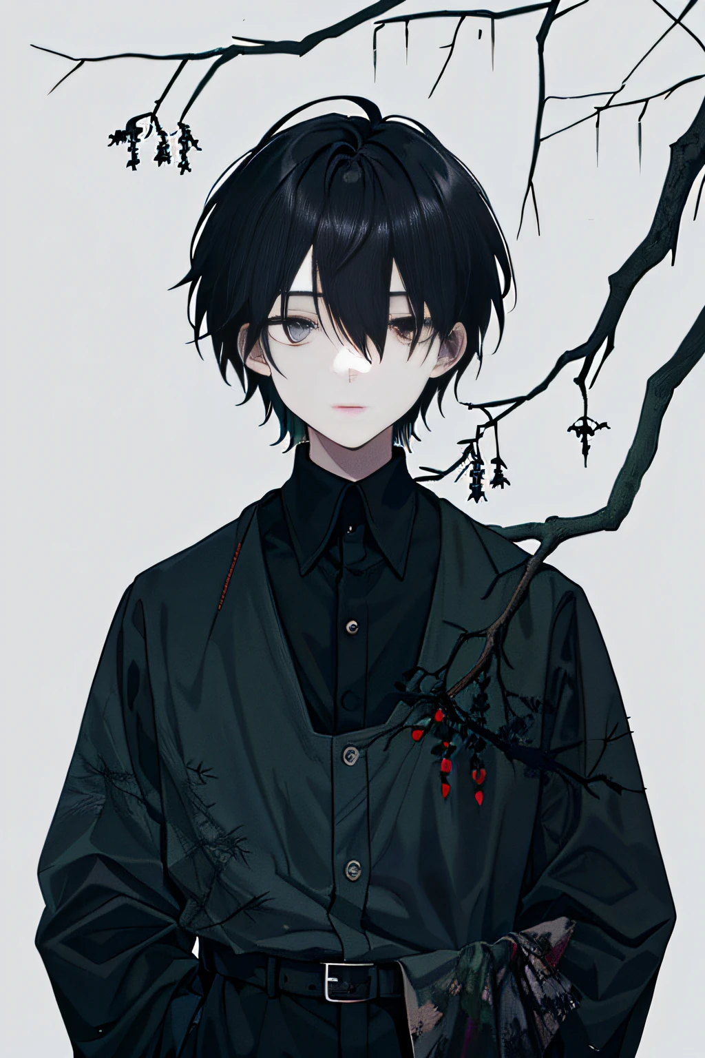 (Dark melancholy painting style+forest backgrou)、(There are crows on the branches)、(There is only one male character:Around )、(黑The eye)、(Black hair+covering eyes)、(depressed eye)、(short detailed hair)、(The upper part of the body)
