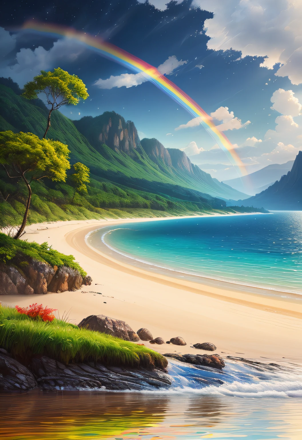 Landscape, water, with rainbow (extremamente detalhado CG unidade 8k papel de parede), a obra de arte mais bonita do mundo, professional majestic oil painting, intrincado, High detail, foco nítido, dramatic and photorealistic painting art