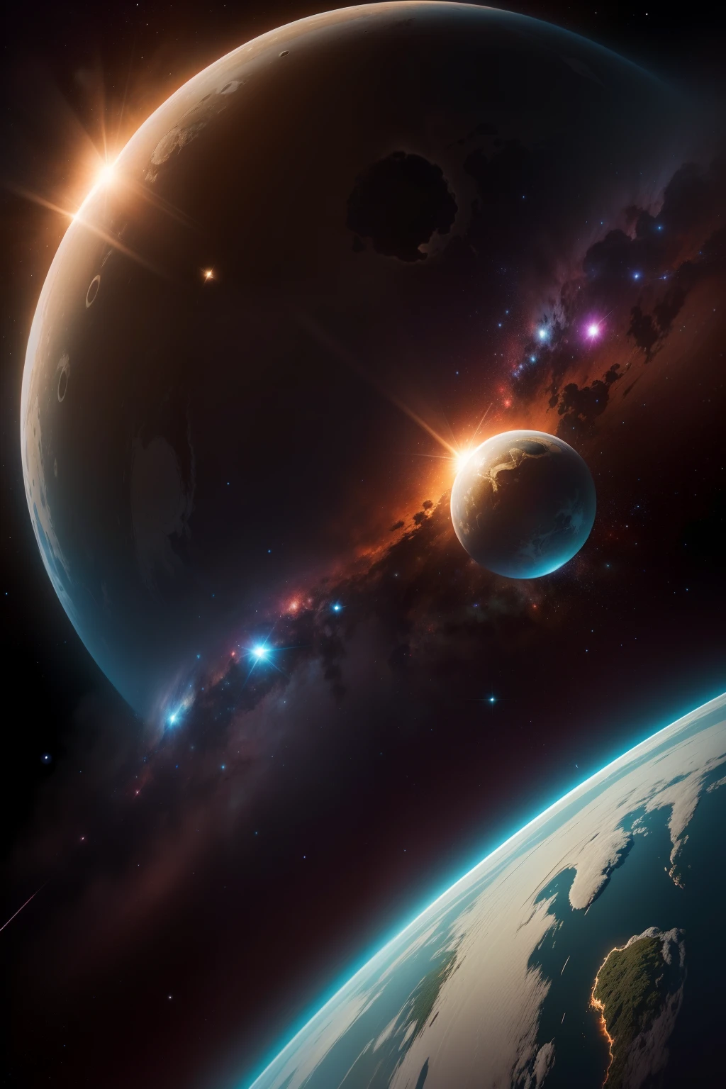 outer space: Create an environment from outer space with realistic characteristics, including a dark and deep sky. Adicione um fundo estrelado, com uma quantidade generosa de estrelas brilhantes e brilhosas, espalhadas por toda a imagem. Planetas: Include multiple planets in different sizes and colors in the image, remembering to position each of them at strategic points to create a balanced and interesting composition. Make sure the planets look realistic, com texturas detalhadas, relevos e atmosferas distintas, reflecting the diversity of our solar system or a fictitious system. Uplighting: Use careful lighting to create a sense of depth and drama in the image. Isso pode ser conseguido adicionando soft, difundir a luz para as bordas dos planetas para simular a luz refletida pelo sol, e destacando as estrelas mais brilhantes com pontos de luz. detalhes realistas: Pay attention to details, como as texturas dos planetas, estrelas e outros objetos celestes presentes na imagem. Adicione nuvens de poeira interestelar, nebulae or even elements like asteroids or space satellites to enrich the scene and make it more immersive. Resolution and aspect ratio: Create the image with a resolution of 8K (7680x4320 pixels) and in proportion 16:9, ensuring a sharp image suitable for widescreen formats.