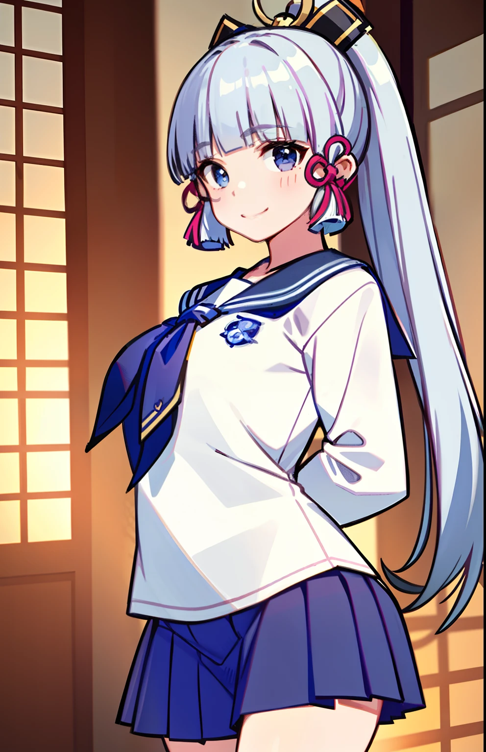 (masterpiece, best quality, ultra-detailed, illustration),genshin impact, kamisato, 1girl,solo,ayaka hair ornament,cowboy shot,ponytail, blunt bangs,blue eyes, smile, closed mouth, eyebrows visible through hair, long hair, silver hair, looking at viewer, indoors,medium breasts,school uniform, serafuku, sailor collar, pleated skirt,