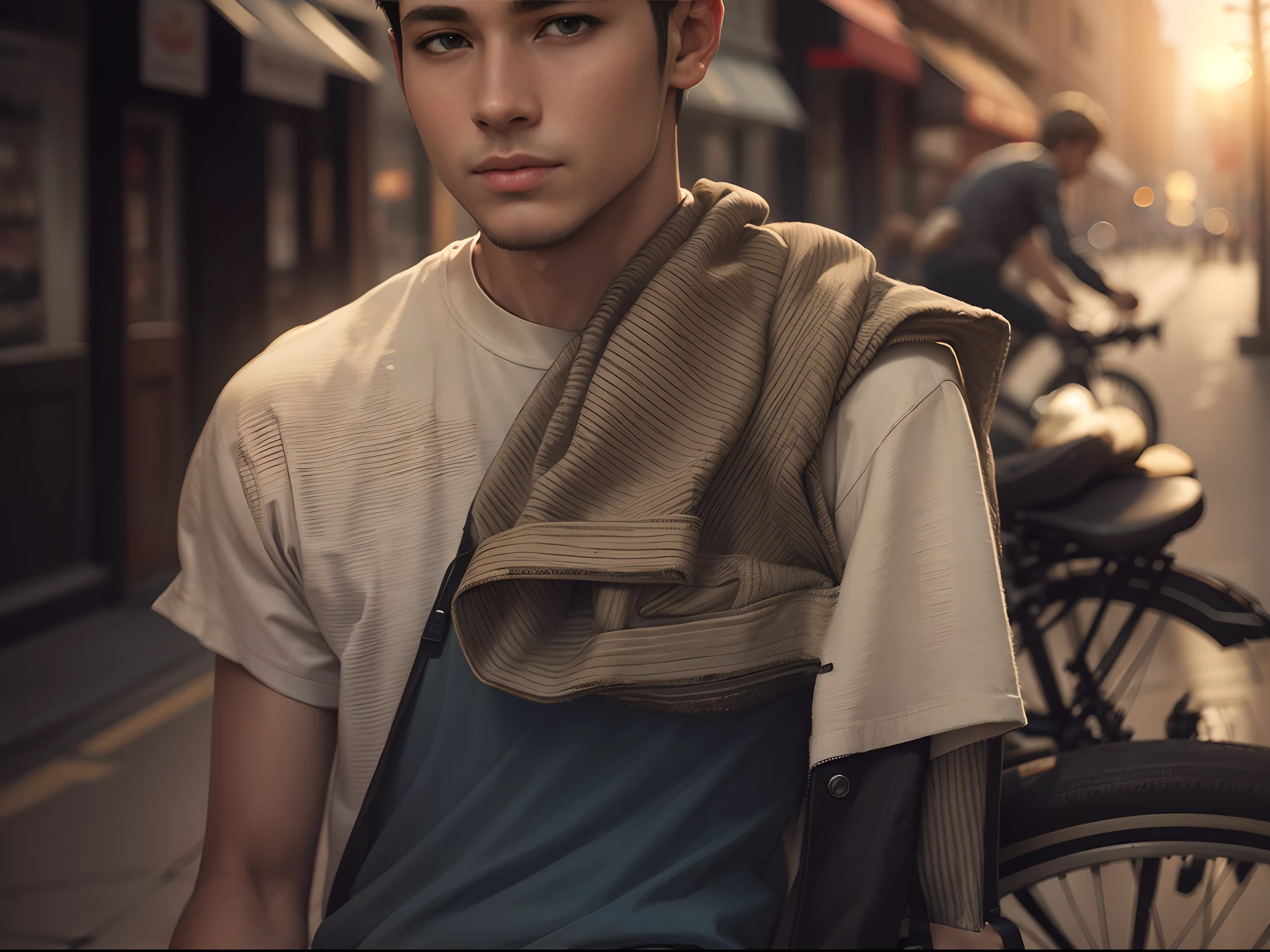 a young man sit on a bike look at camera masterpiece