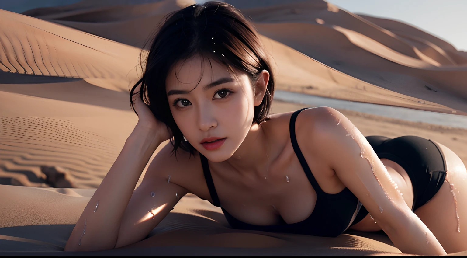 A girl lying in the desert，Cinema lenses，short detailed hair，（Beautiful body curves：1.2），perfect bodies，Realistic lighting，（Focus on the face），（The face is rich in detail），（HD imaging：1.3），sweat leggs，Wet shirt