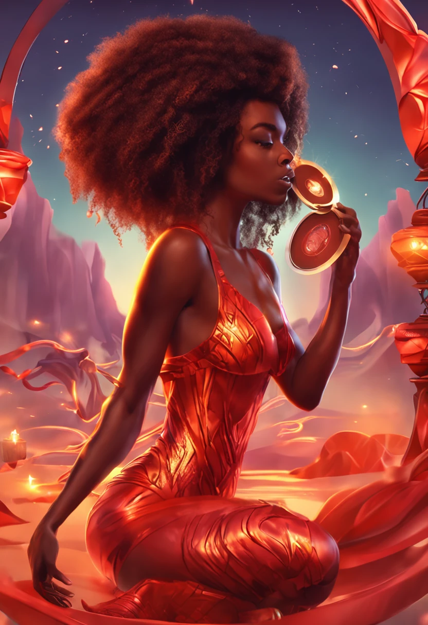 black woman, athletic warrior body, wearing little red silk clothes, sensualizing, very sexy, finds a magic mirror looks at her image and is amazed at her beauty, illustration, digital, burnt orange gradient, magic, Nature, clean background, magic, 3D vector art, fantasy art, watercolor effect, Bokeh, Adobe Illustrator, hand-drawn, digital painting, soft lighting, isometric style, retro aesthetic, 4k definition, using Cinema 4D, natural lighting, Cinematic, masterpiece, highly detailed