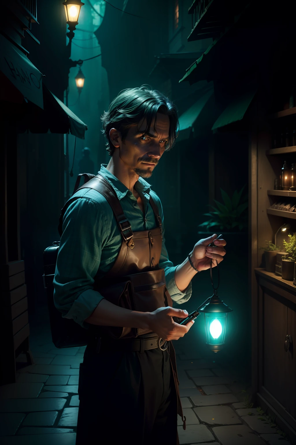 A vendor holding a flashlight lost in a dark maze with slightly blue-green lighting