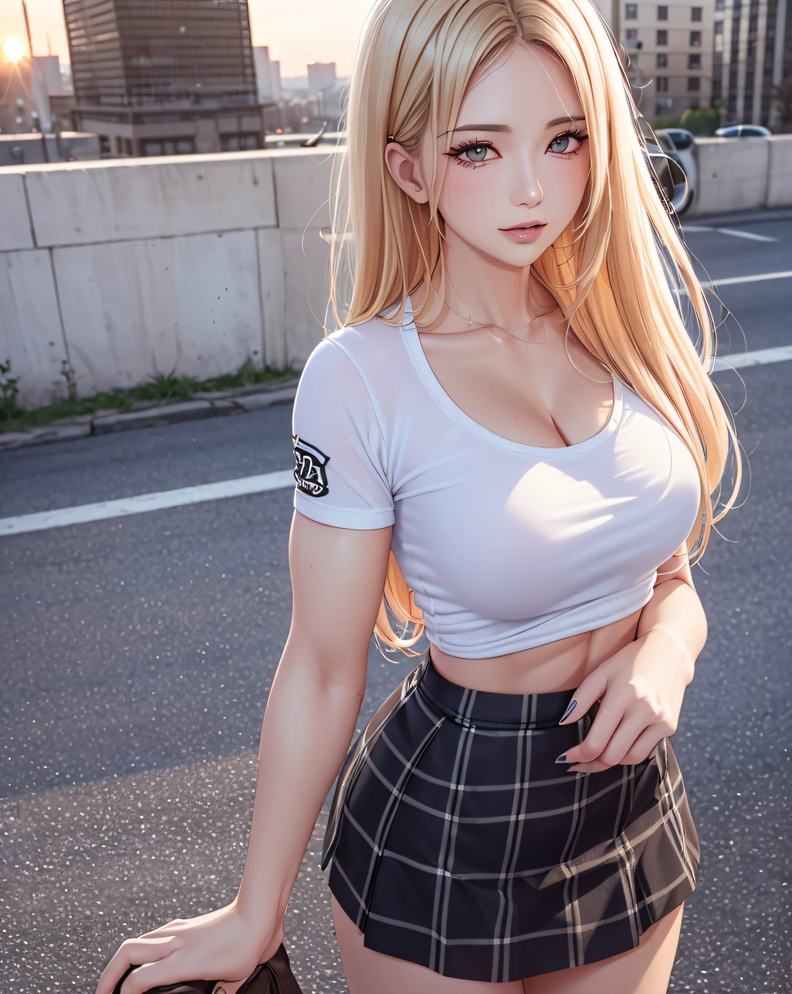 (1female body builder:1.37), masterpiece, best quality, illustration, ultra-detailed, finely detail, highres, 8k wallpaper, perfect dynamic composition, beautiful detailed eyes, natural lip, (((wearing a Punk-T-shirt:1.37, plaid pattern skirt:1.3))), medium breasts:1.25, lovely look:1.3, white skin, pale skin, oily skin:1.3, shiny skin, Caucasian, shiny-blonde thin hair, side-under-cut-hair-style, clean armpit, cityscape, sunset,