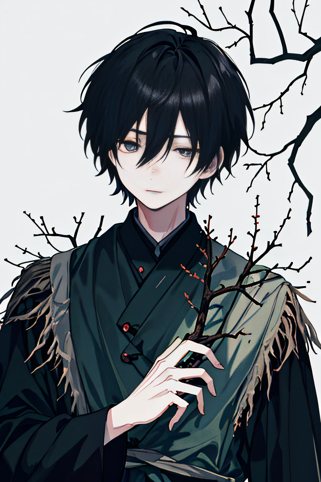 (Dark melancholy painting style+forest backgrou)、(There are crows on the branches)、(There is only one male character:Around )、(黑The eye)、(Black hair+covering eyes)、(depressed eye)、(short detailed hair)、(The upper part of the body)