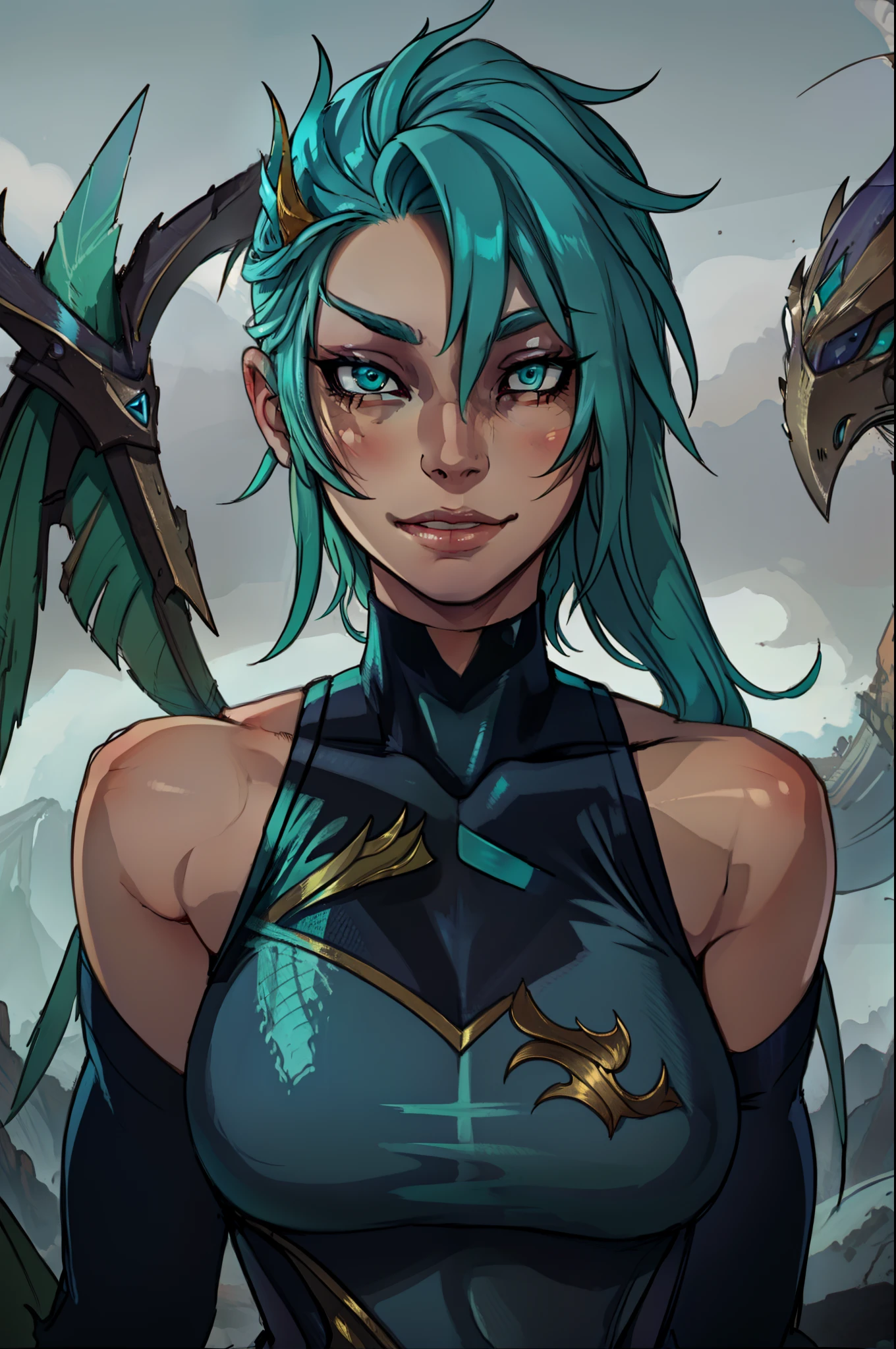 Tall girl, Slender_thights, aqua hair, 1girl, generous cleavage, Posing, detailed anatomy, the perfect body, Detailed body, detailed face, Beautiful eyes. lagoon dragon kai'sa, The BREAK is very detailed, Intricately detailed art, deviantart masterpiece, anime style, master piece, best quality, portrait, close up face