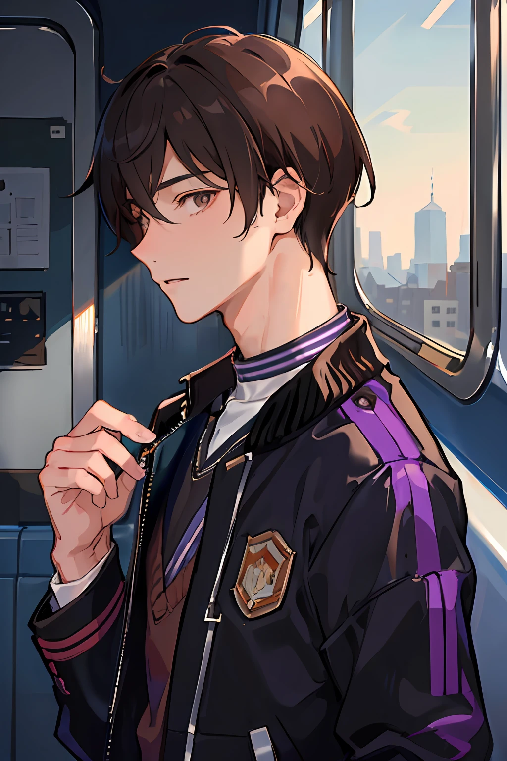 (masterpiece, sidelighting, ultra-detailed, finely detailed handsome eyes: 1.2), 1boy, bag, building, from side, headphones, black headphones with purple highlights, jacket, black jacket with purple higlights and stripes, jock jacket, short hair, brown hair, brown eyes, 16 year old guy, profile, solo, train, train interior, upper body, Masterpiece, best quality, has an innocent face, young face, jock jacket, cute boy, innocent boy, pure